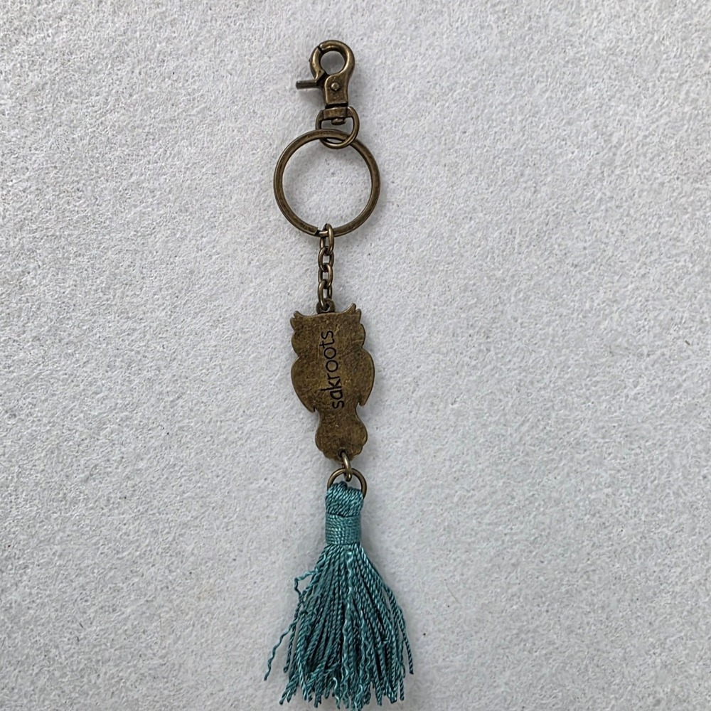 Sakroots Owl Tassel Keychain Bag Charm Antique Brass Teal Boho Purse Clip